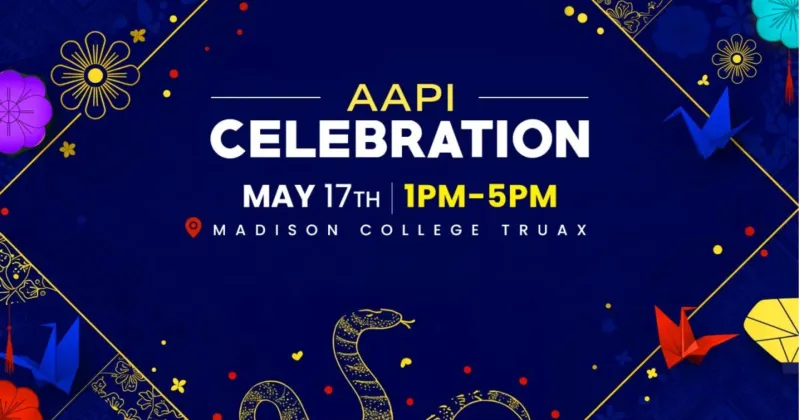 Logo for AAPI Celebration with flowers, origami and stars.