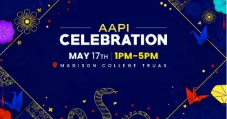Logo for AAPI Celebration with flowers, origami and stars.