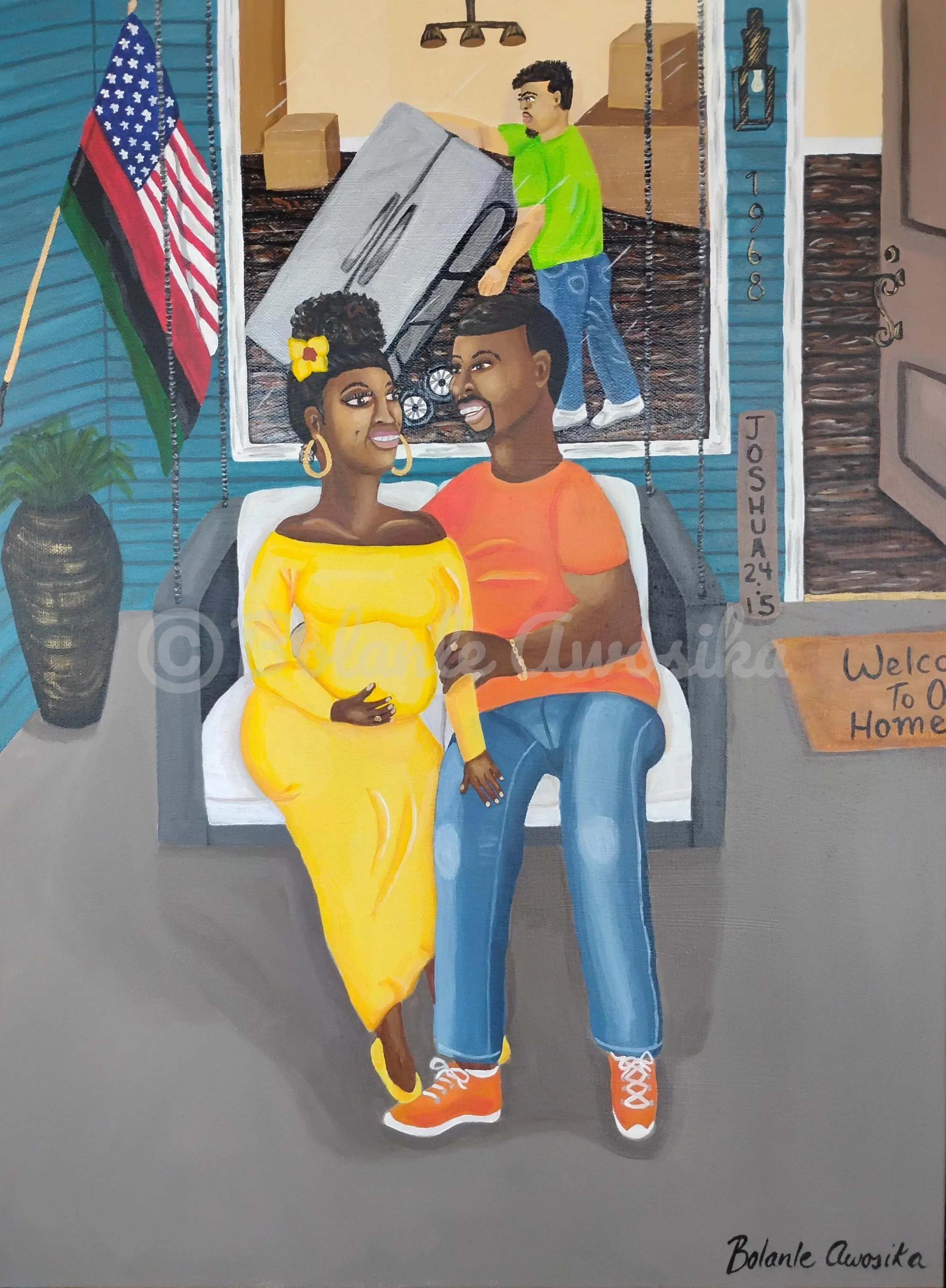 Bolanle Awosika artwork showing a man and a pregnant woman outside the porch of a home.