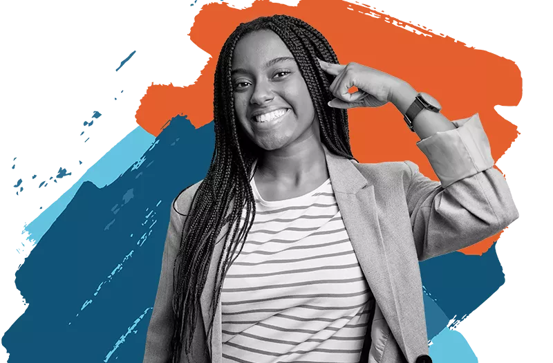 intelligent happy student pointing