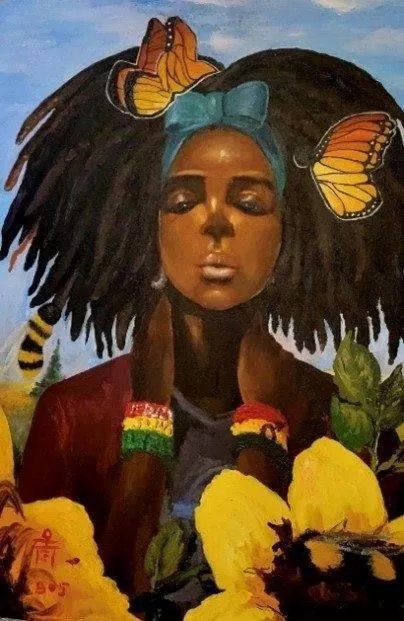 "Natural Woman" by artist DanRen Morris features a Black woman with butterflies in her hair, with African and Jamaican flags in the foreground.