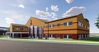 Northwest rendering of the Goodman South Campus new childcare facility