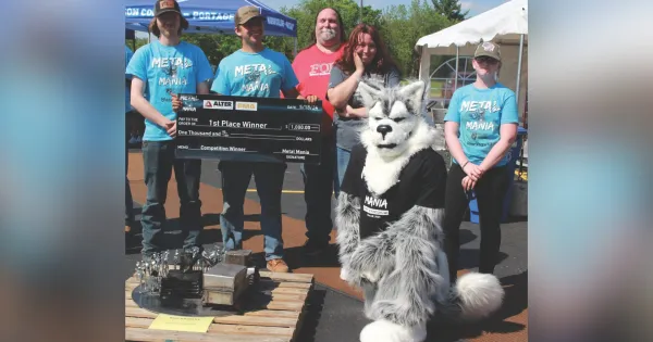 Metal Mania first place winners pose with Wolfie.