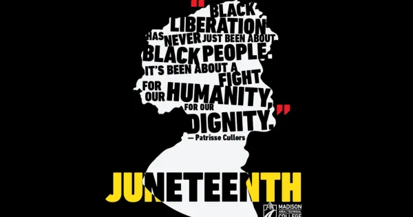 A logo for Juneteenth showing an silhouette of a person with various words in black in the foreground.
