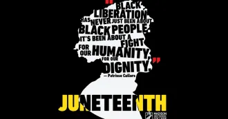 A logo for Juneteenth showing an silhouette of a person with various words in black in the foreground.