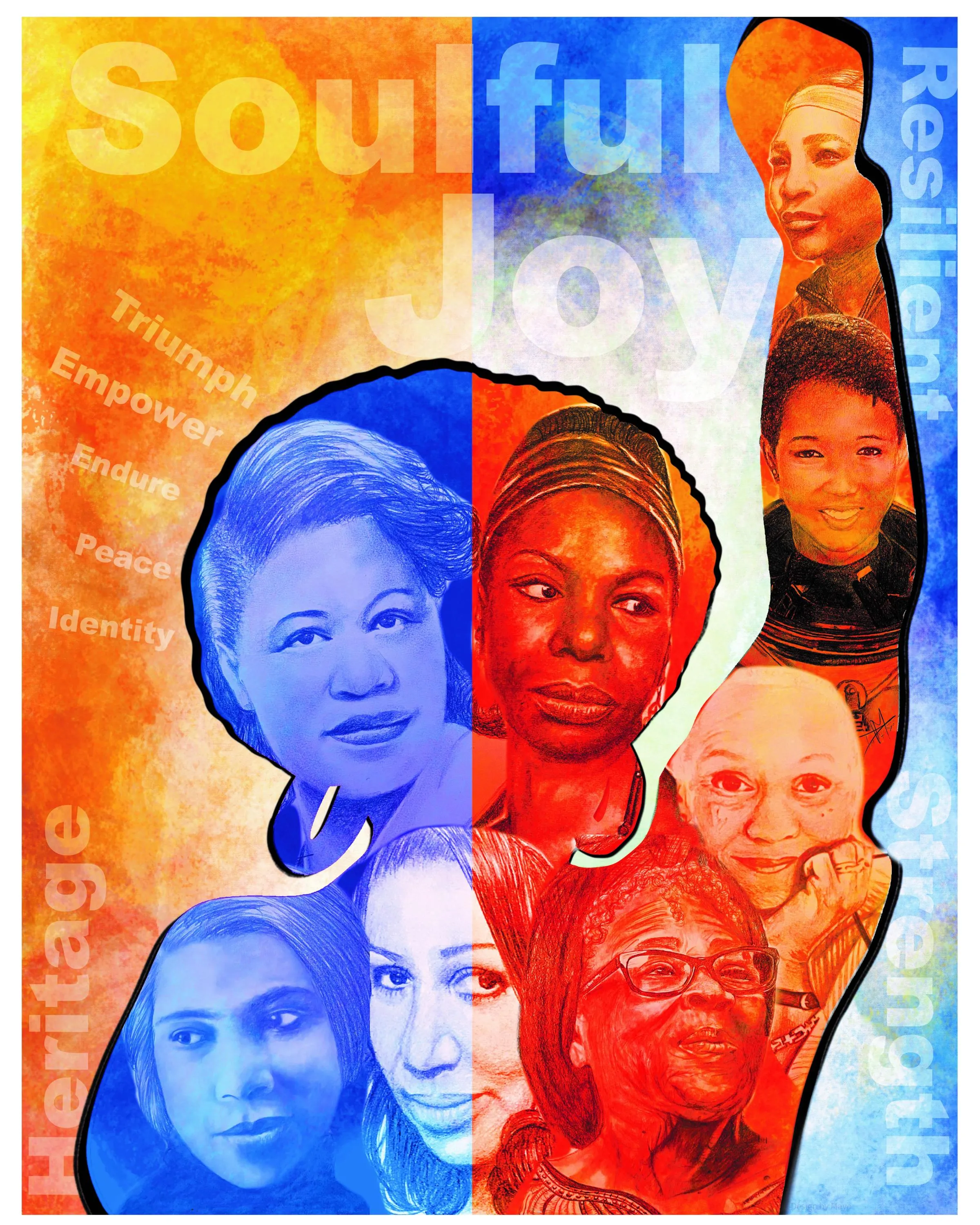 Deseré Mayo's artwork Soulful Joy showing women's faces. 