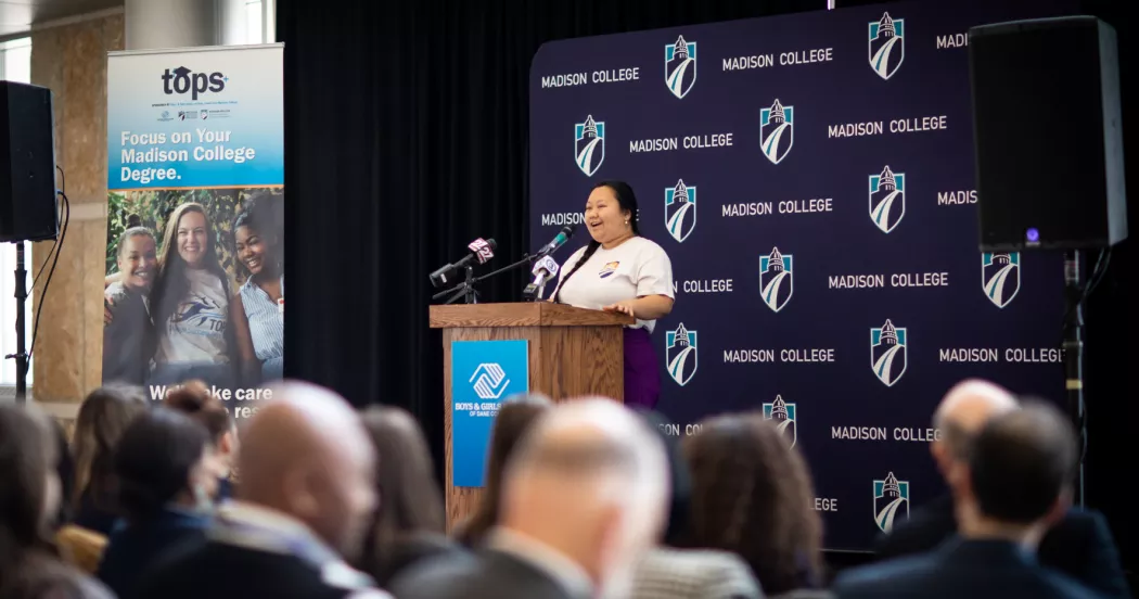 Madison College student Desia Xiong speaks at ceremony