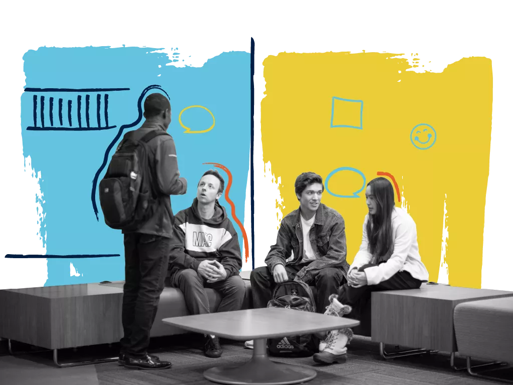 Illustration of students talking on campus