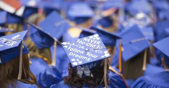 Graduation cap says never too old to follow your dreams. 