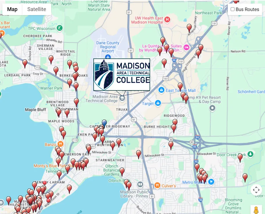 Map of Madison apartments near the Truax campus