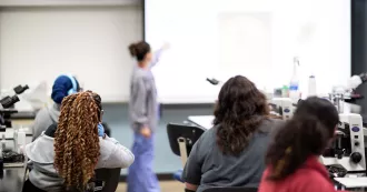 Photos of Madison College students in a health science classroom.