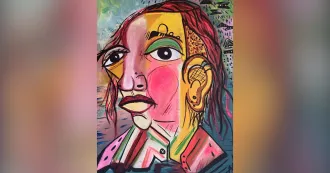 A painted image showing an abstract of a person's face with a pink nose, rosy cheeks, orange hair and an multicolor shirt.