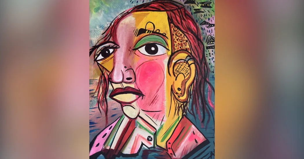 A painted image showing an abstract of a person's face with a pink nose, rosy cheeks, orange hair and an multicolor shirt.