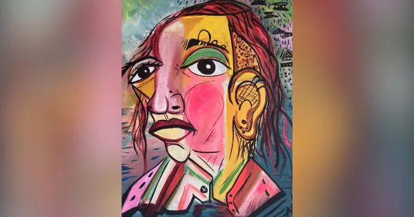 A painted image showing an abstract of a person's face with a pink nose, rosy cheeks, orange hair and an multicolor shirt.