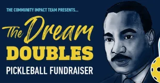 Logo showing Dr. Martin Luther King Jr. with pickleball equipment.