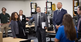 Director of the Domestic Policy Council Neera Tanden and National Cyber Director Harry Coker, Jr. toured the college’s cybersecurity classrooms.