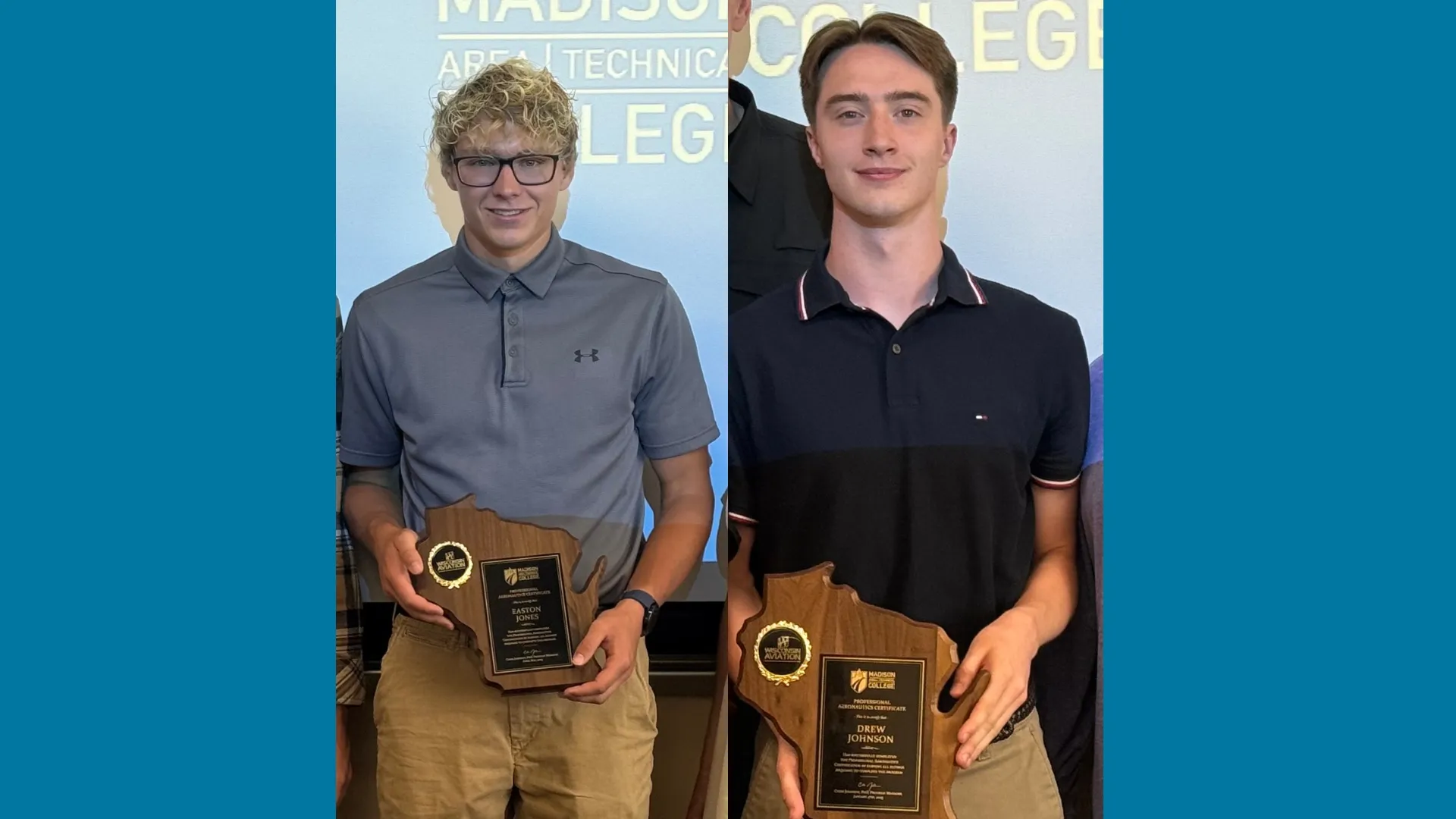Aviation Professional Aeronautics Program graduates holding brown wooden plagues.