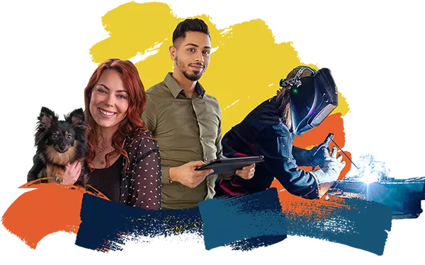 three people and a dog