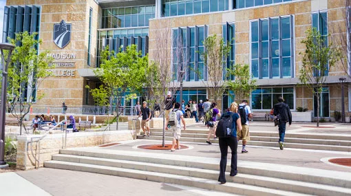 Truax campus exterior in spring