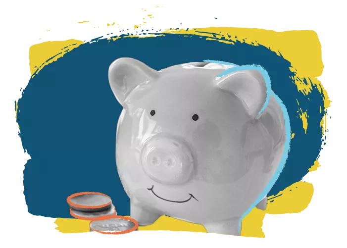 Piggy bank and coins