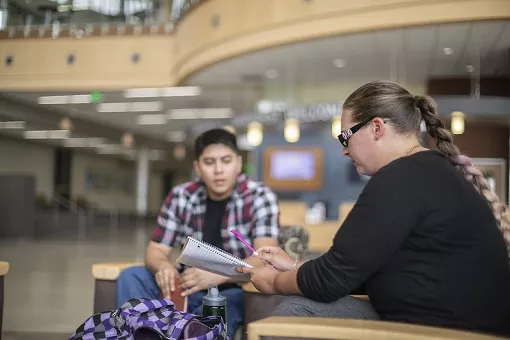 two people looking at notebook