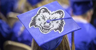 Mascot Wolfie on graduation cap.
